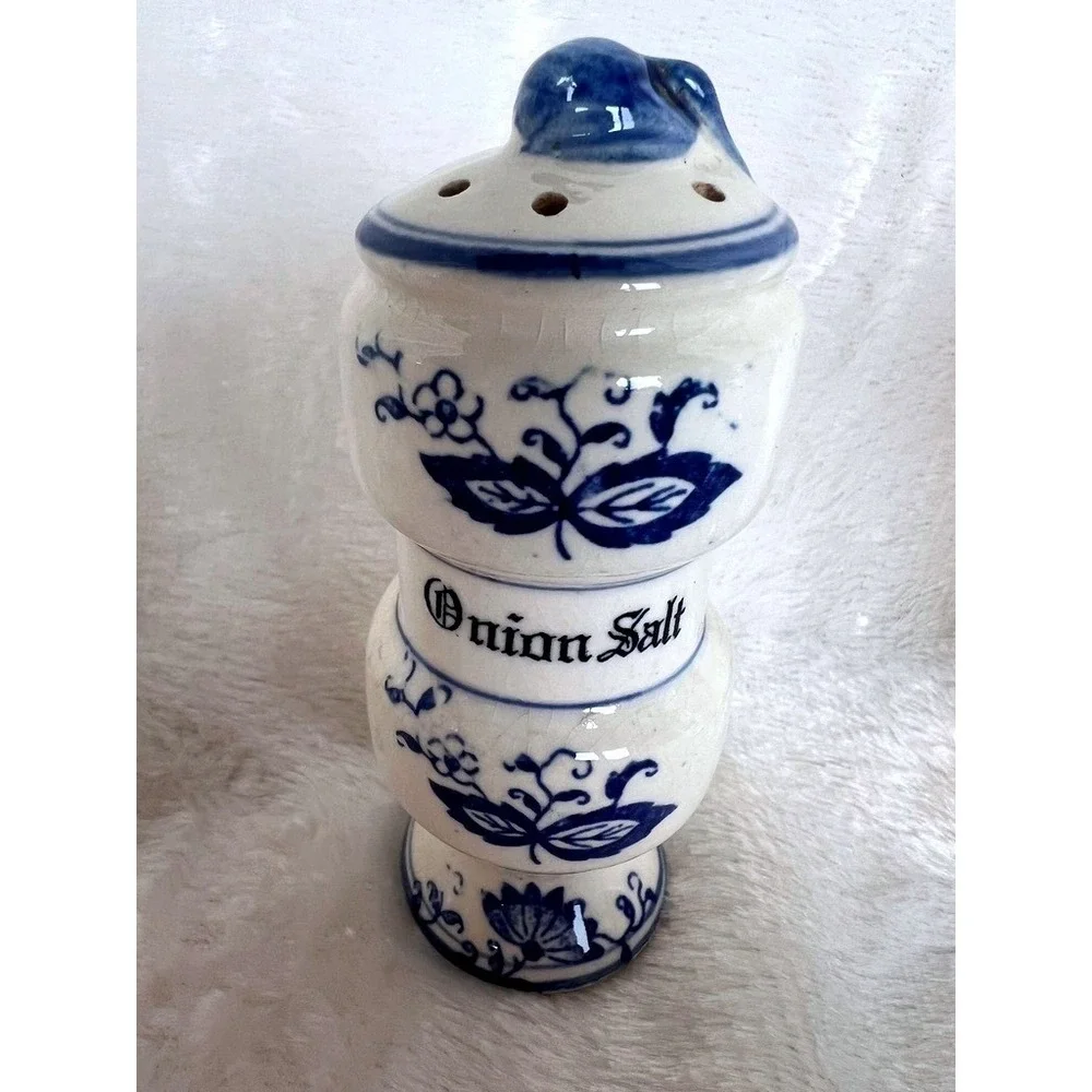 Vintage Blue Onion Decor Ceramic Spice Jar Set Garlic Salt Onion Ginger Japan